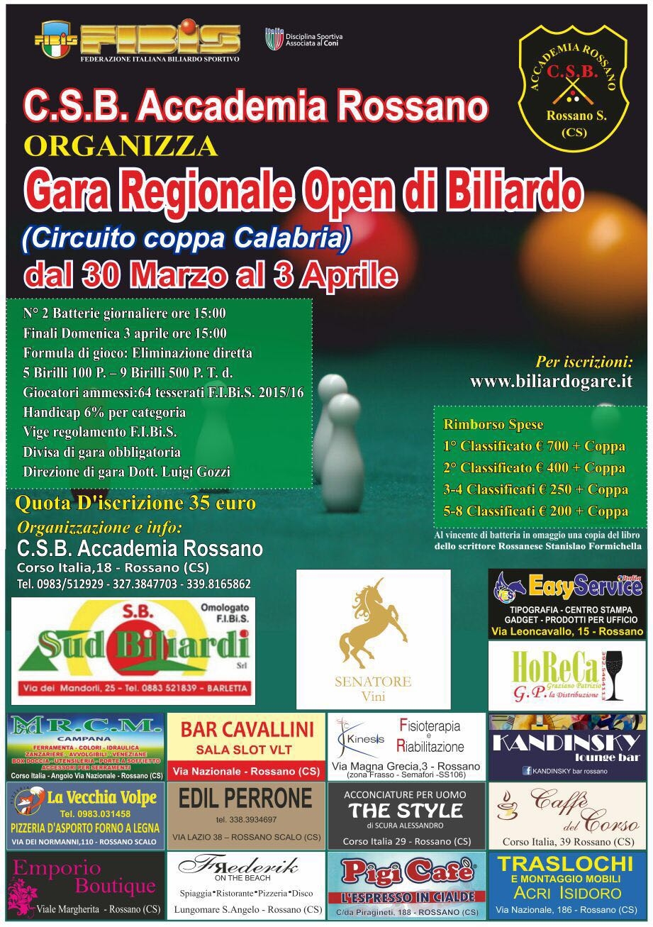 Gara Regionale Open di Biliardo dal 29 marzo al 3 aprile