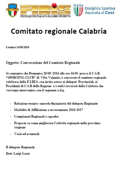 Convocazione Comitato Regionale Calabria