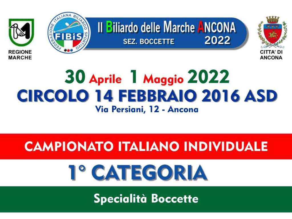 BOCCETTE: CAMPIONATO ITALIANO INDIVIDUALE DI 1° CATEGORIA 