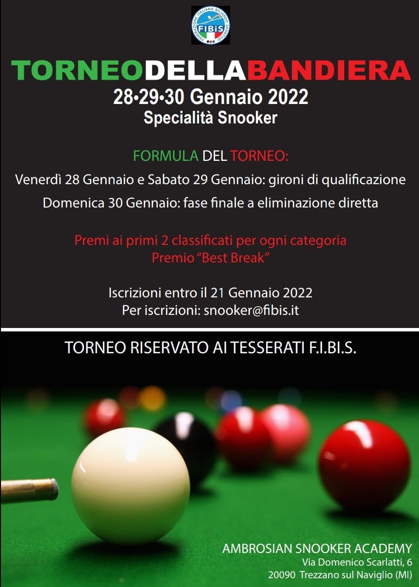 SNOOKER - 2^ PROVA TORNEO DELLA BANDIERA: APERTURA ISCRIZIONI