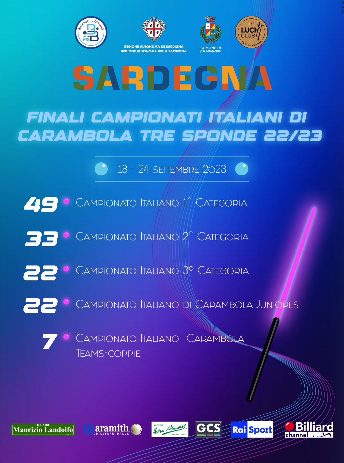 CAMPIONATI ASSOLUTI ITALIANI CARAMBOLA 3 SPONDE 2023: PUBBLICATO IL TIME TABLE