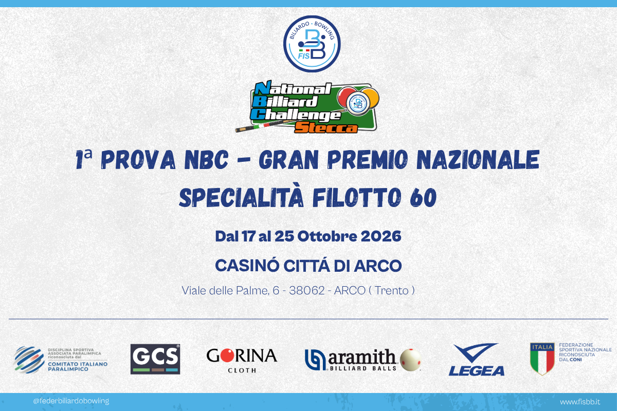 IL 27° CAMPIONATO ITALIANO DELLA DISCIPLINA STECCA RIPARTE DA ARCO DI TRENTO: AL VIA LA STAGIONE 2026/2027