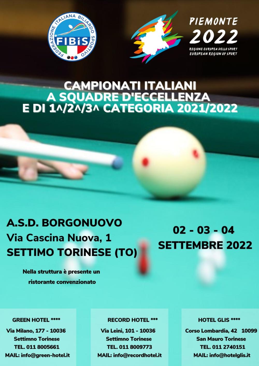 CAMPIONATI ITALIANI A SQUADRE 2021/2022: A SETTIMO TORINESE 20 SQUADRE SI CONTENDEREANNO I TITOLI “D’ECCELLENZA” E 1ª, 2ª e 3ª CAT. DAL 3 AL 4 SETTEMBRE 