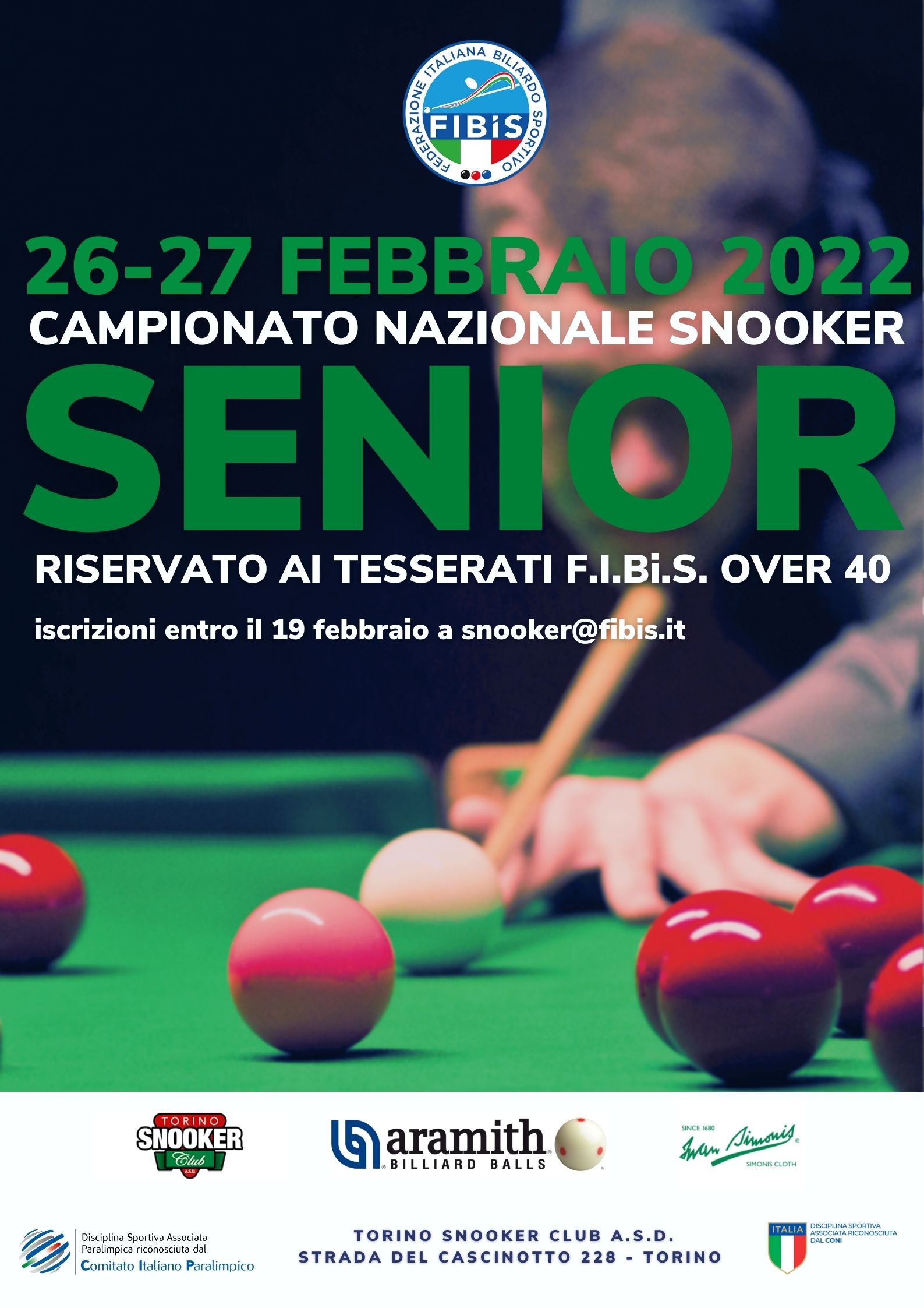 SNOOKER - CAMPIONATO SENIORES 2022: APERTURA ISCRIZIONI