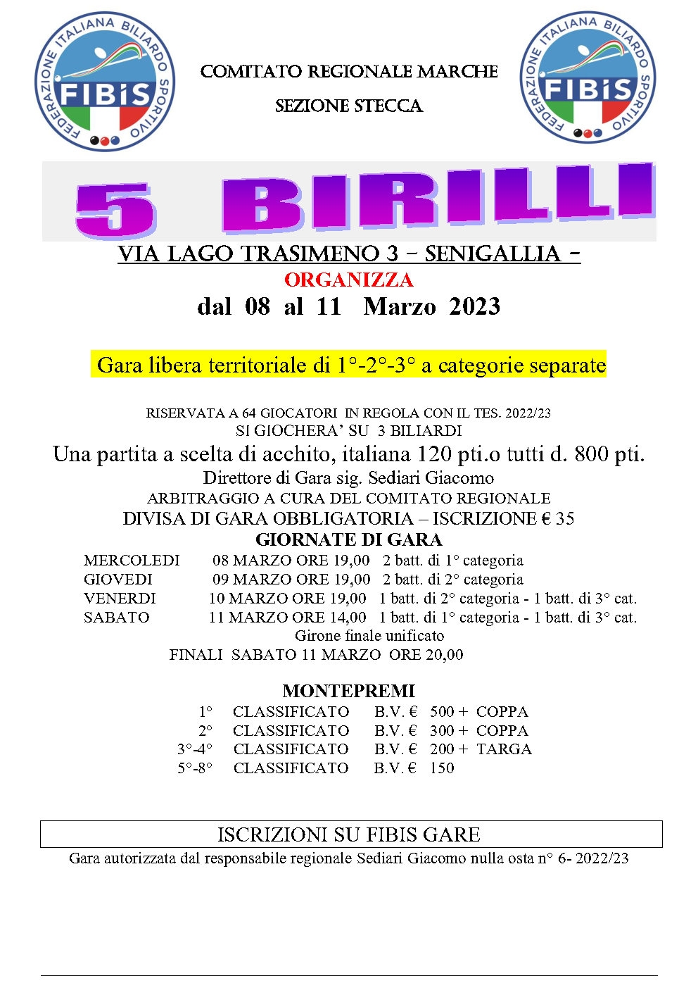 6 gara libera territoriale 5 birilli 2022 23