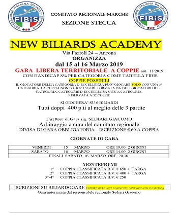 Seconda Gara Libera Territoriale a Coppie C.S.B. NEW BILIARDS ACADEMY - AN - 2018/19