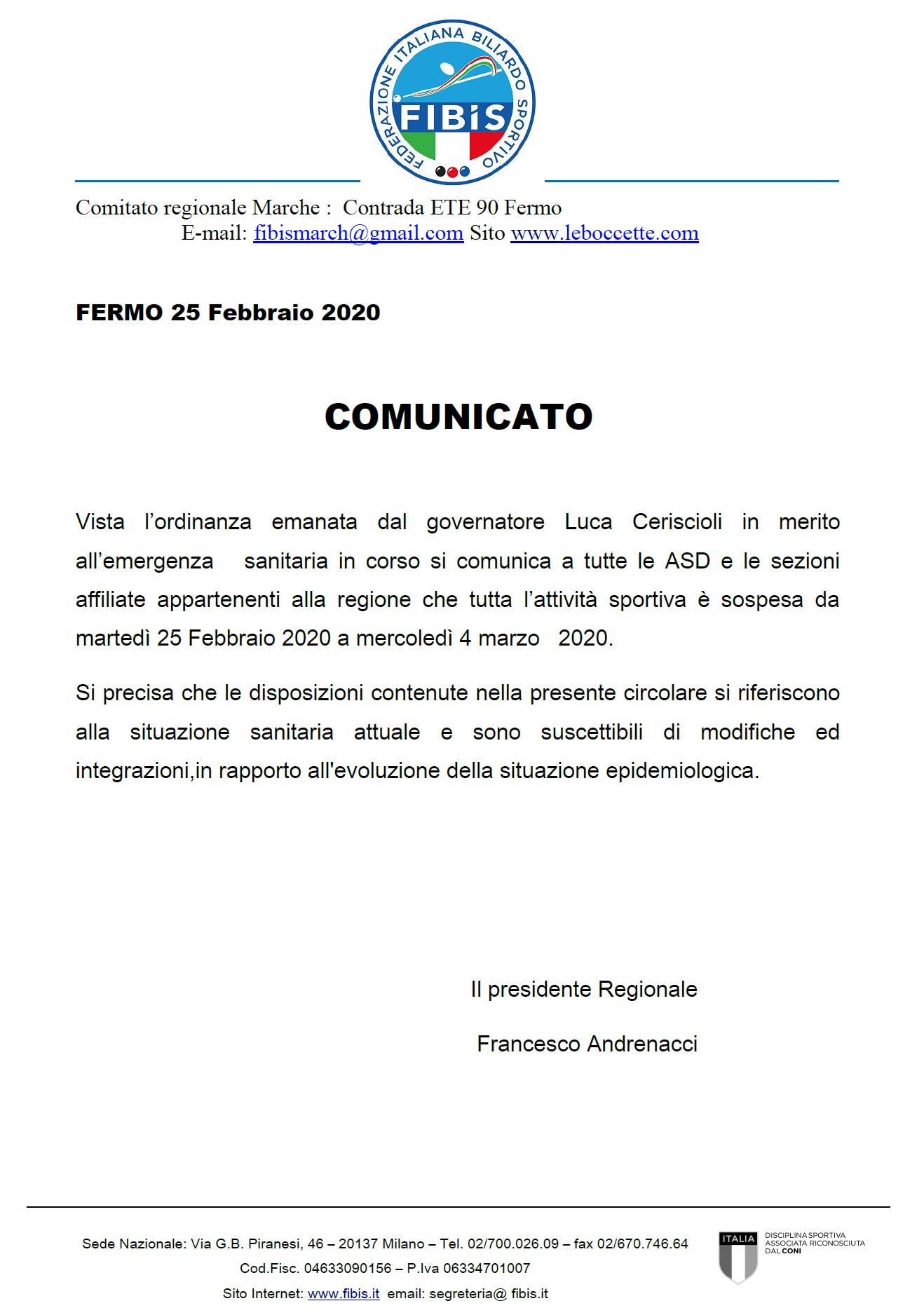 comunicato ufficiale regionale sospensione attività sportiva