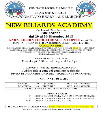 Gara Libera Territoriale a Coppie C.S.B. NEW BILIARDS ACADEMY - AN - 2018/19