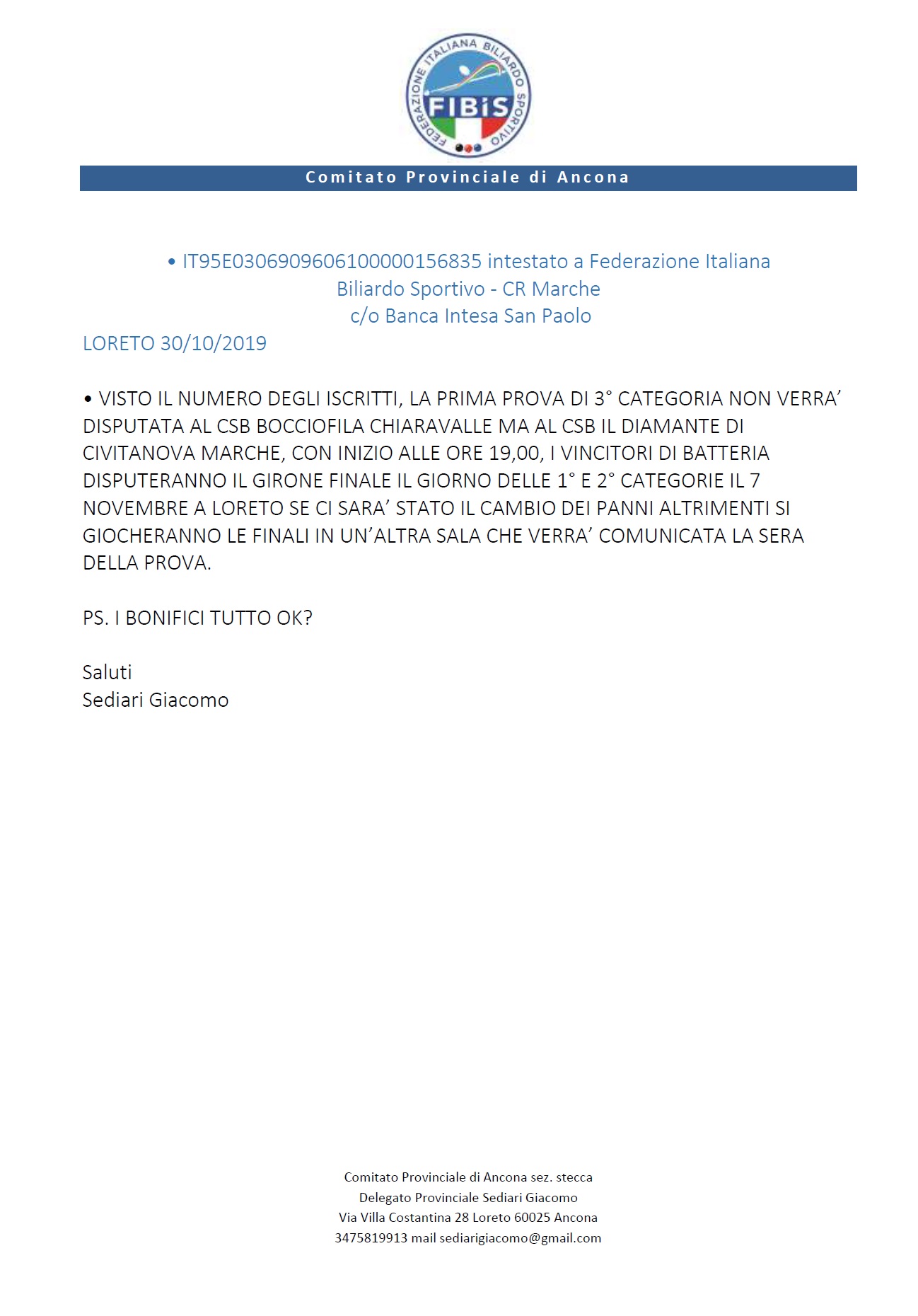 Prima Prova Terza Categoria: Cambio Sede