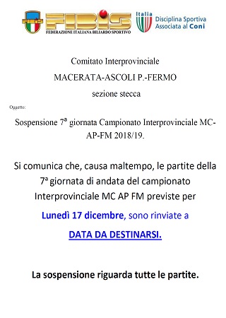Rinvio 7^ Giornata Interprovinciale Macerata-Ascoli Piceno-Fermo