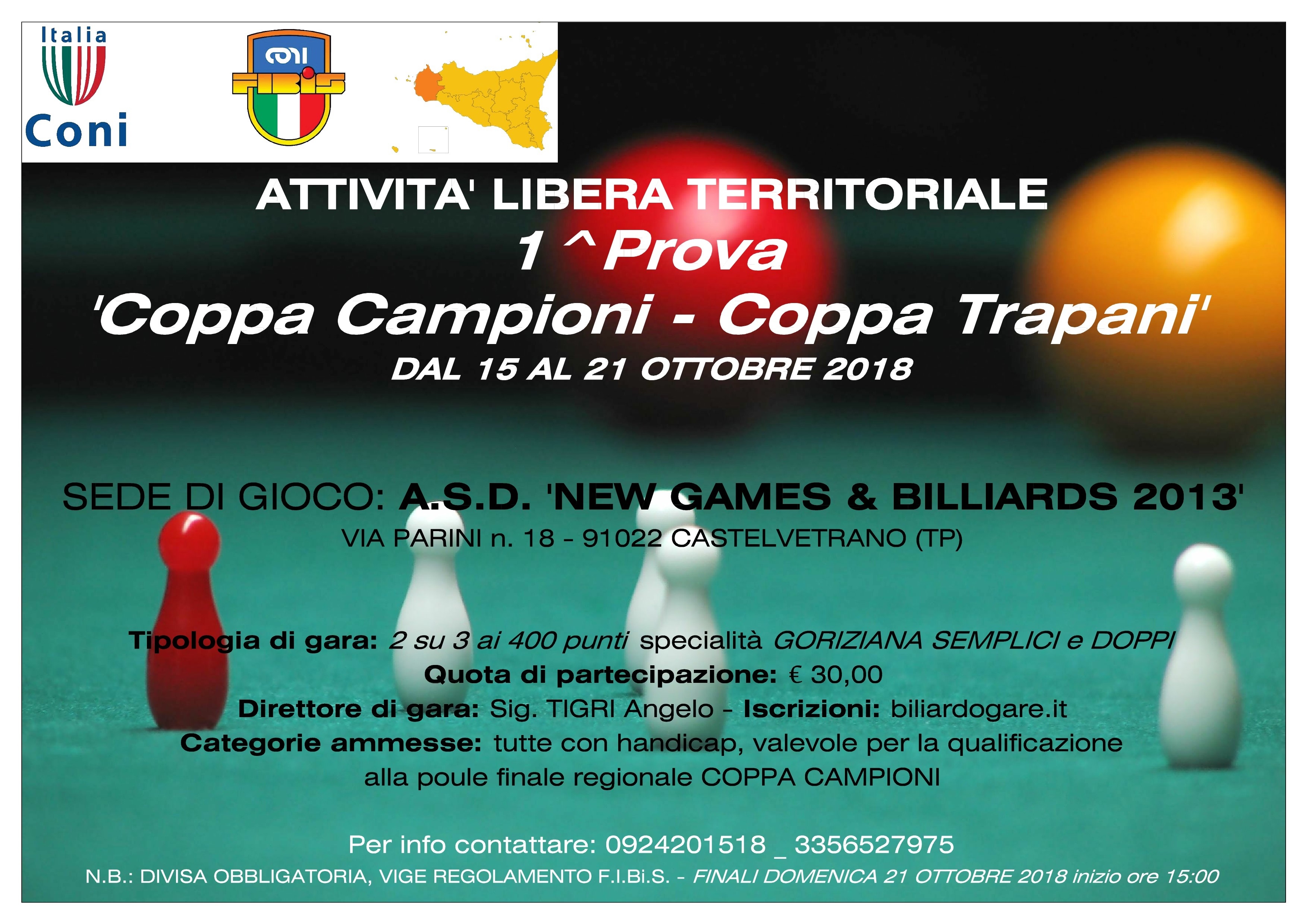 1^Prova COPPA TRAPANI dal 15 al 21 Ottobre 2018