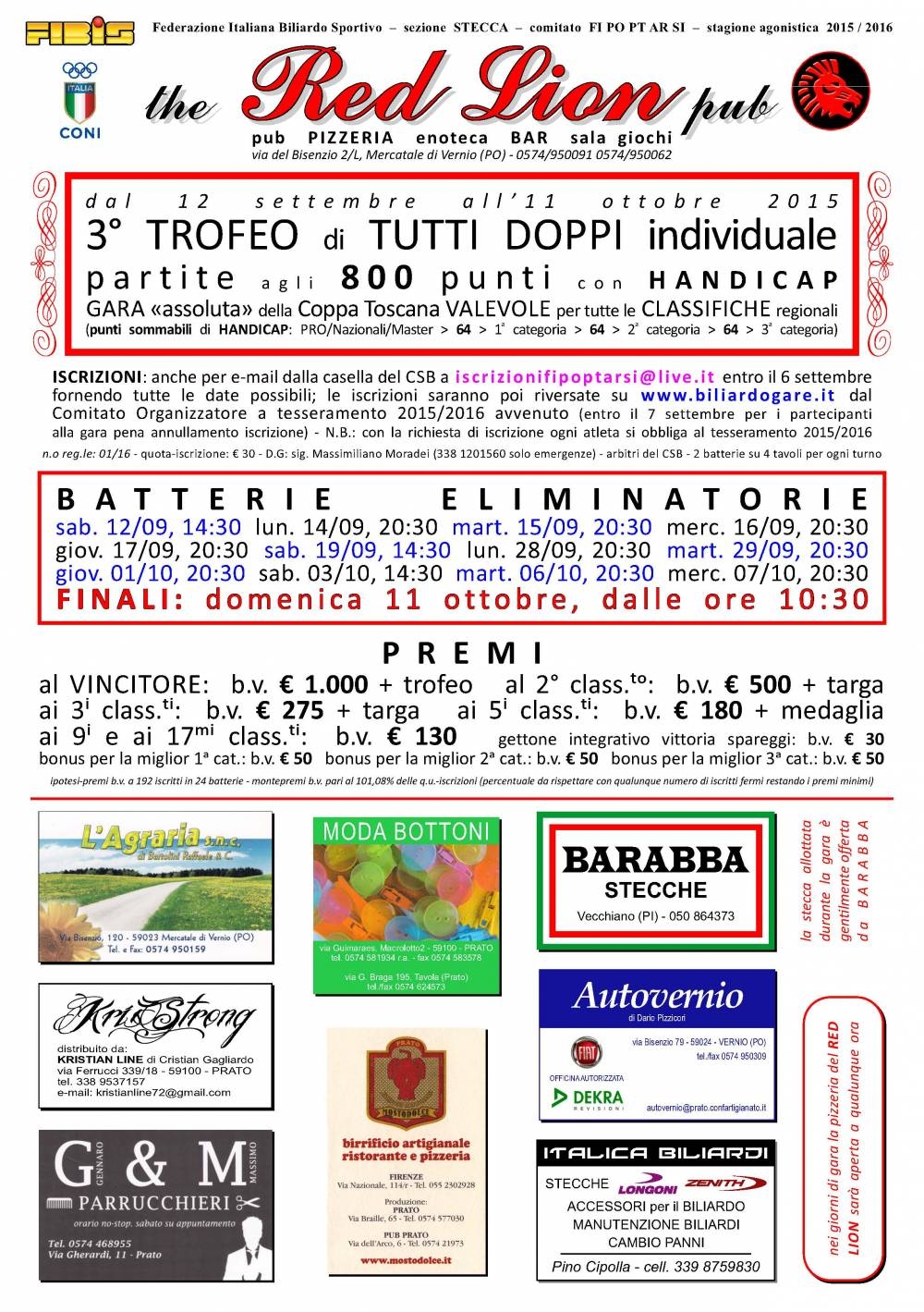 Al Red Lion il primo torneo della Coppa Toscana 2015-2016