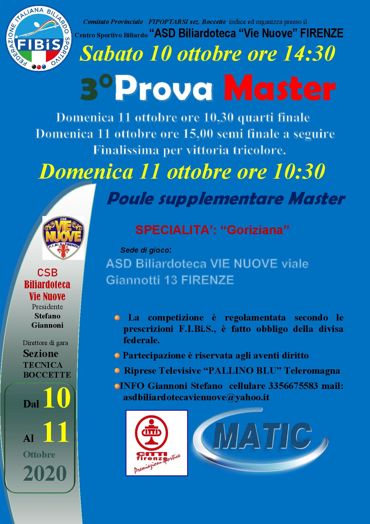 BOCCETTE: 3^ prova Master - 10-11 ottobre al Asd VIE NUOVE