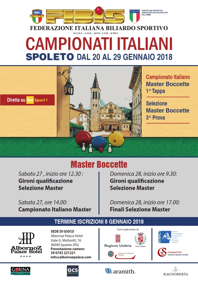 Campionati Italiani MASTER BOCCETTE 1^ Tappa , 3^ Prova di selezione Master Boccette e Campionato Italiano di Stecca 2^ Prova - Spoleto 20/29 Gennaio 2018