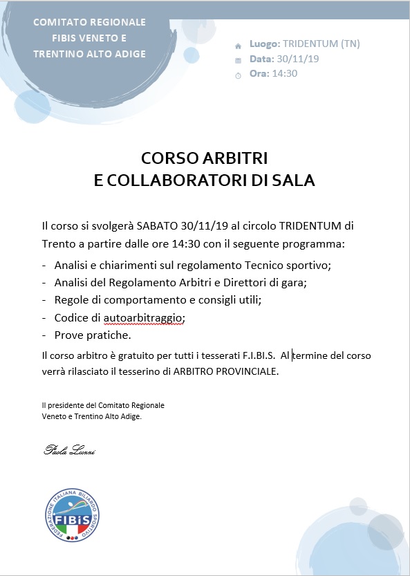 Corso Arbitri e Collaboratori di sala